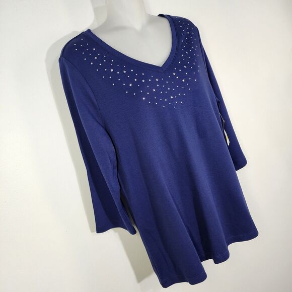 Studio Works Top Medium Blue V Neck Embellishments Beaded Stars 3/4 Sleeve NWT - Picture 7 of 11